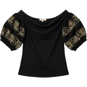 Free People Top‎ Womens Medium Black Embroidered Puff Sleeve Draped Neck Boho thumbnail 1