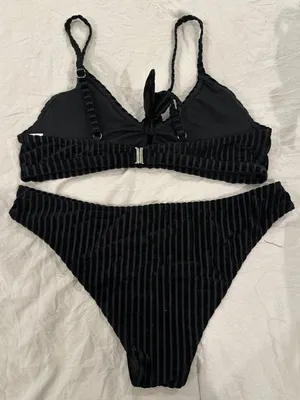 SHEIN Black Ribbed Tie-Front Bikini Set thumbnail 2