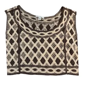 Crochet Lace Peplum Top Ivory Brown Eyelet‎ Sz XL thumbnail 8