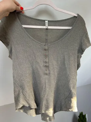 Free People Green Gray Waffle Tee thumbnail 1