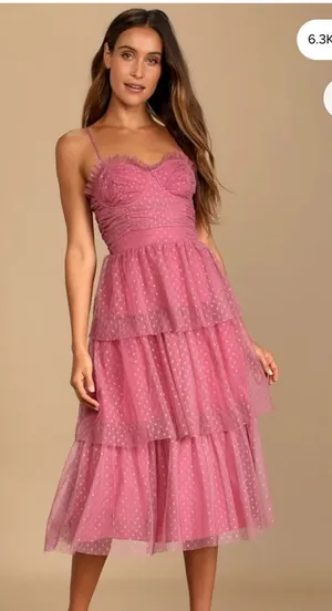 Lulu's Dusty Rose Polka-Dot Tiered Tulle Midi Dress thumbnail 1
