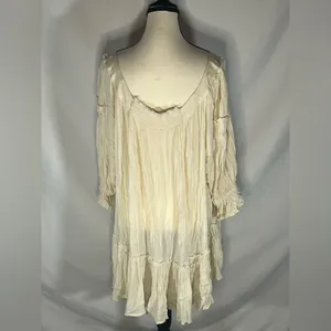 Free People Ivory Voile & Lace Tunic Mini Dress Cream Boho Smocked Medium thumbnail 4