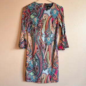 Tommy Hilfiger Dress 2 Multi Paisley Bell Sleeve Sheath Boho Modern Classic thumbnail 4