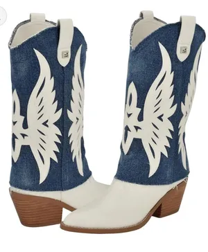 Guess White and Blue Denim Western Cowboy Boots thumbnail 1