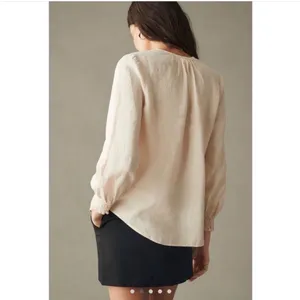 Cloth & stone anthropology tie neck peasant blouse 100% linen cream size small thumbnail 2