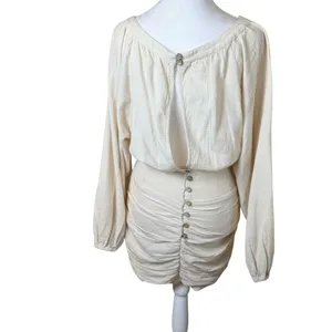 Free People Mini Dress XS Cream Gauzy‎ Boho Peasant Ruched Buttons Neutral NWT thumbnail 8