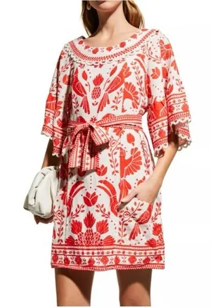 FARM Rio White Mini Dress with Red Floral & Bird Motif thumbnail 1
