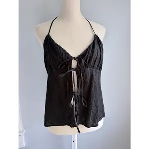 Zara Black Floral Embroidered Halter Crop Top Tie Front Whimsigoth M thumbnail 2