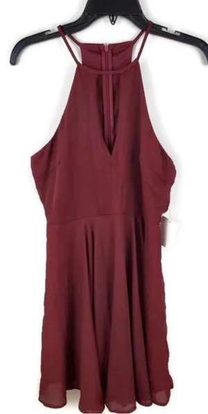 NWT Lulu's Halter Sleeve Mini Dress w/ Keyhole Details Maroon Size Medium thumbnail 1