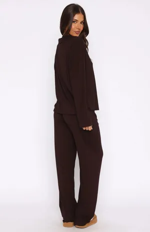 White Fox Boutique Chocolate Brown Cozy Soft Pillow Talk Long Sleeve Pyjama PJ Set thumbnail 4