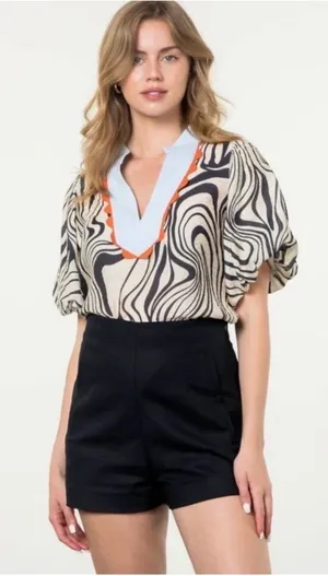 THML Cream and Black Printed Puff-Sleeve Top with Light Blue & Orange Trim thumbnail 1