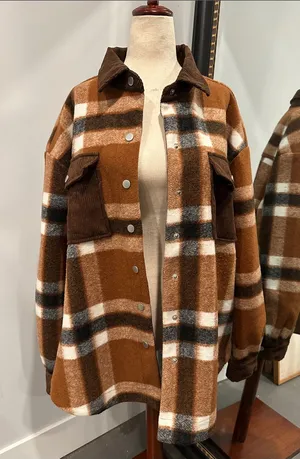 Magnolia BoutiqueBrown Plaid Utility Shacket with Corduroy Accents thumbnail 1