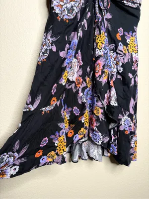 Free People Women Happy Heart Floral Mini Dress S Black Purple Ruched Tie Front thumbnail 6