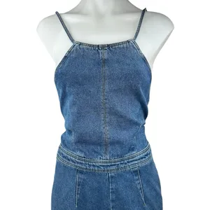 ASOS Women's Blue Sleeveless Lace Up Back Wide Leg Capri Denim Jean Jumpsuit 2 thumbnail 4