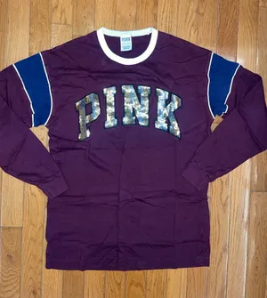 PINK Victoria's Secret Plum Long Sleeve Tee with Navy Panels and Sequin Logo thumbnail 1