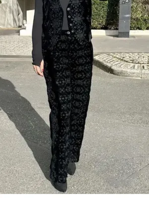 Zara Alina Black Velvet Embroidered Eyelet Wide Leg Contemporary Pant Trousers M thumbnail 11