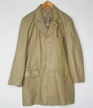 Vintage Y2K Cougar Leather Taupe Beige Oversized Long Jacket Coat Womens L thumbnail 1