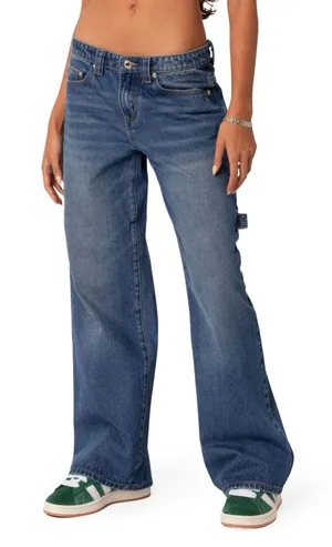 Edikted Wide Leg Carpenter Jeans Y2K Skater Baggy Denim‎ Blue High Rise XS thumbnail 1