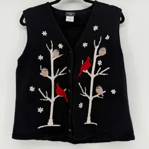 Southern Lady Vintage Black Bird Embroidered Knit Sweater Vest Size M Cardinal‎ thumbnail 1