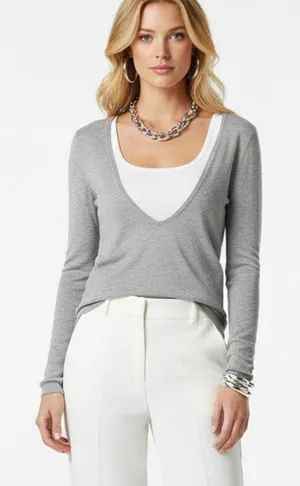 Ann Taylor Gray Deep V Neck Long Sleeve Sweater M thumbnail 1