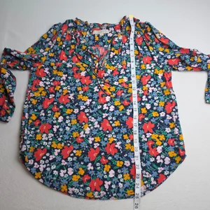 LOFT Womens Floral Ruffle Split Neck Tie Blouse Navy‎ Blue Multi Color Small thumbnail 9