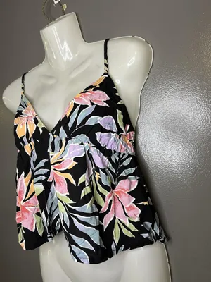 Billabong Tank Top Womens Medium Black Tropical Floral V Neck Strappy Cami thumbnail 4