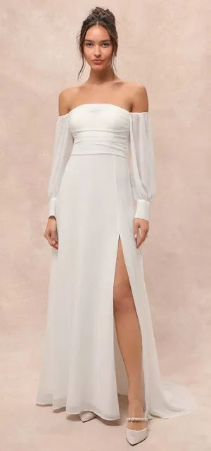 NWT Lulus Adorna White Off-the-Shoulder Maxi Dress Bridal Bride Wedding Size M thumbnail 1