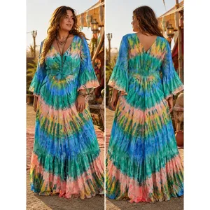 Tie Thai Boho Bell Sleeve Tie Dye Festival Maxi Dress Womens Large Multi-Color thumbnail 2