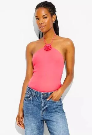 NWT Ribbed Rosette Bodysuit Sleeveless Halter Pink Size Large L NEW thumbnail 1