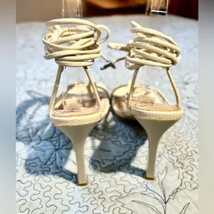 SIMMI LONDON Snake Embossed Cream Square Strappy Lace Up Stiletto Heels Sz 8 thumbnail 9