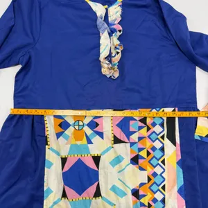 Vintage Geometric Abstract Print Maxi Dress Blue Ruffle Snap Front Long Sleeve thumbnail 4
