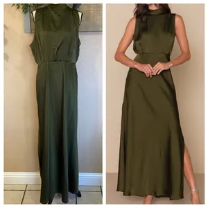 Lulus Classic Elegance Olive Satin Sleeveless Mock Neck Maxi Dress thumbnail 2