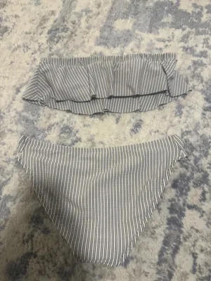 Striped Bandeau Bikini Set in White and Navy thumbnail 2