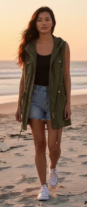 Allegra K Womens Olive Green Hooded Utility Vest‎ Cotton Drawstring Waist Small thumbnail 1