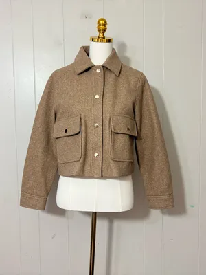 Zara Cropped Wool Look Utility Jacket Beige Camel Button Front Size Small thumbnail 2