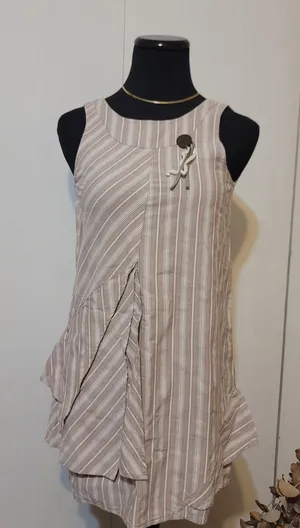 Orchestra France Taupe Striped Asymmetrical Mini Dress 100% Cotton thumbnail 1