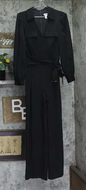 DKNY Belted Collared Tie Waist Jumpsuit DD3K284A Black 6 thumbnail 1
