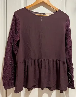 Ann Taylor LOFT medium Burgundy Lace Long Sleeve Peplum Blouse Top thumbnail 1