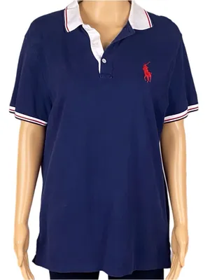 POLO Ralph Lauren navy blue Polo shirt w/large red Polo logo & white trim Medium thumbnail 2