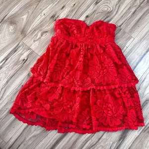 MAEVE x ANTHROPOLOGIE | Strapless Layered Mini Dress Lace Red Orange | Small thumbnail 3