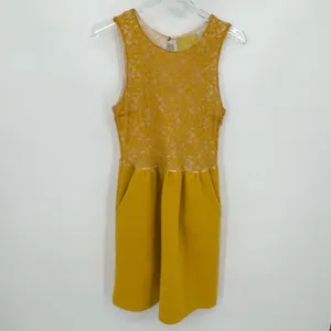 Anthropologie Maeve mustard yellow dress lace overlay sleeveless fit & flare M thumbnail 3