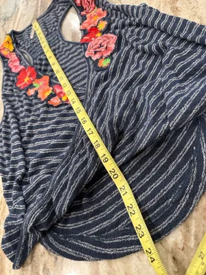 FREE PEOPLE Freida Navy Striped Embroidered Floral Surplice Top Size Medium thumbnail 9