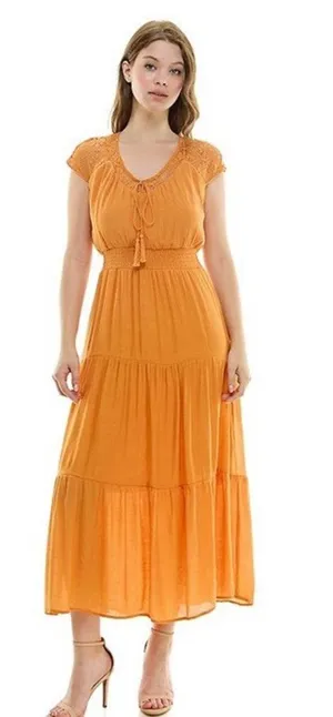 Luxology Gauzy Maxi Dress Sz L Orange Smocked Waist Ruffled Tiered Gypsy Boho thumbnail 1