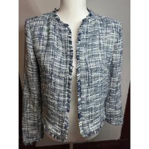 Calvin Klein Womens Blue White Tweed Fringe Open Front Jacket Size 2 Old money thumbnail 2