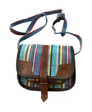 Southwestern‎ Woven Textile Crossbody Saddle Bag Brown Leather Trim Multicolor thumbnail 1