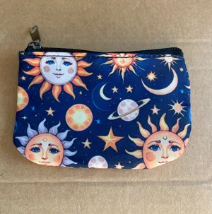 Goanna Art hand made coin pouch, top zip, blue, celestial design, sun, and moon thumbnail 3