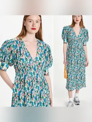 NWT Ganni Floral Pleated Georgette Blue V-Neck Puff Sleeve Midi Dress 40, Large thumbnail 2