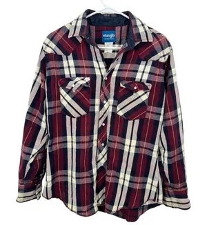 Wrangler‎ Western Mens Plaid Long Sleeve Shacket Snap Front Burgundy Blue Cream thumbnail 1