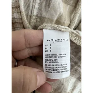 American Eagle Cropped Hooded Farmcore Plaid Brown Tan Flannel Shirt Size L thumbnail 9