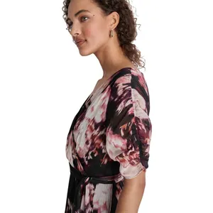 NWT DKNY Tie-Waist Ruched Puff Sheer Sleeves Dress Raisin Purple Multi 4 thumbnail 4